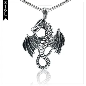 Dragon Pendant Necklace 316L Stainless Steel Retro Winged Flying Dragon Viking Gothic Punk Jewelry For Men