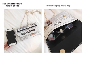 Detail view of newspaper print envelope bag showing interior storage capacity and chain
