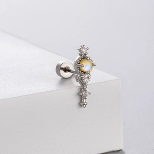 Vertical opal and cubic zirconia bar stud earring in polished titanium steel