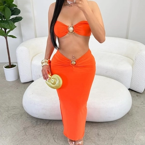 Sexy Women Strapless Tube Top And High Waist Maxi Skirt Bodycon Hollow Out With Metal Shell Decor Elastic Summer Beach