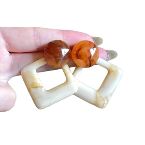 Vintage resin geometric earrings with amber marble sphere and cream square frames