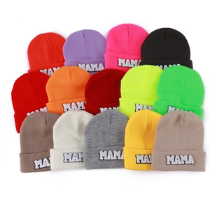 Acrylic MAMA Letter Embroidery Knitted Beanie Solid Color Winter Warm Skull Cap Streetwear Outdoor Soft Hat For Women