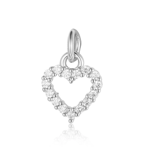 Close-up of a silver heart pendant with sparkling cubic zirconia stones and metal loop