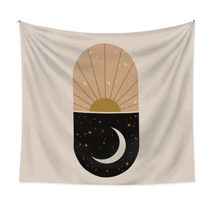 Bohemian sun and moon astrology wall tapestry in warm beige and yellow tones