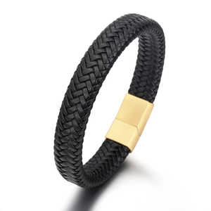 Men Woven Leather Bracelet With Stainless Steel Magnetic Clasp Minimalist Geometric Bangle Fashion Jewelry Accessory