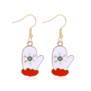 Christmas glove earrings in white enamel with red trim and green snowflake pattern