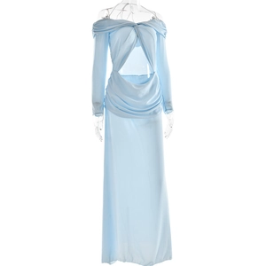 Detail of light blue chiffon maxi dress showing front knot and waist cutout design