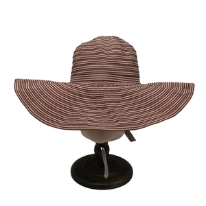 Women's foldable wide brim striped sun hat with brown and white woven pattern