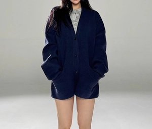 Detail of navy blue oversized knit cardigan with ribbed cuffs and deep V-neckline