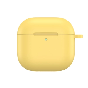 Detail view of yellow silicone case for AirPods 4 with side lanyard hole and indicator cutout