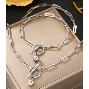 Silver paperclip chain necklace and bracelet set with toggle clasp and sphere pendant