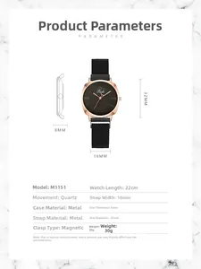 Detailed size chart of rose gold quartz watch with black magnetic mesh strap