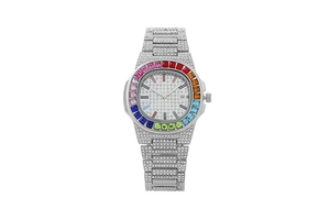 Detail of silver watch with rainbow bezel, full iced-out pavé crystals and metallic band