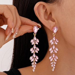 Elegant gold earrings with pink marquise crystals and long leaf-shaped fringe tassels