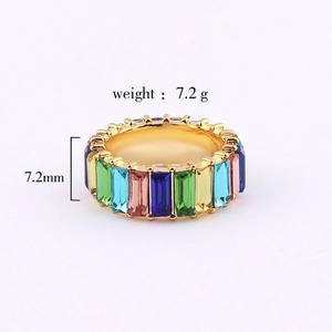 Detail showing a 7.2mm wide gold plated rainbow eternity ring with colorful zircons