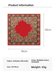 Detailed 90cm square satin silk scarf showing paisley print and precise dimensions