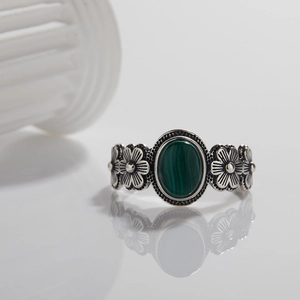 Vintage S925 Sterling Silver Ring Natural Malachite Gemstone Flower Adjustable Open Ring For Women Thai Silver Jewelry