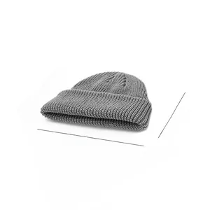 Detailed view showing gray ribbed knit beanie dimensions of 16.5cm by 16.5cm on white background