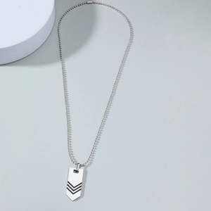 Detailed view of a silver arrow pendant with black V-stripes and a durable bead chain