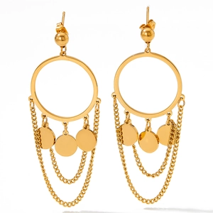 Bohemian gold stainless steel drop earrings with circular discs and fringe chain tassels
