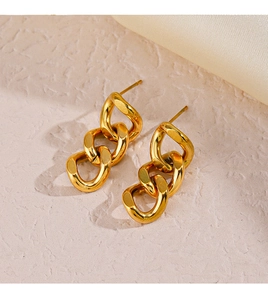 Macro view of triple link 18K gold plated stainless steel Cuban chain drop earrings