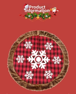 Detail of red and black buffalo plaid Christmas tree skirt with white snowflake appliques