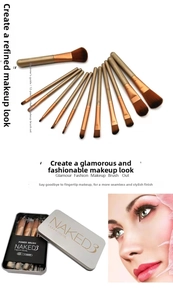 Detailed view of 12-piece makeup brush set with brown synthetic bristles and metal tin box