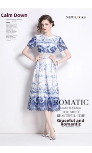 Detailed view of hollow lace texture and floral print on white and blue midi dress