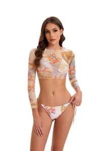 Detailed view of 3-piece swimsuit with long sleeve mesh cover-up and oil painting print