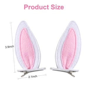 White rabbit ear hair clips with pink center felt design and size measurements