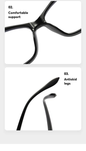 Close-up of cat-eye glasses showing comfortable nose pads and antiskid legs