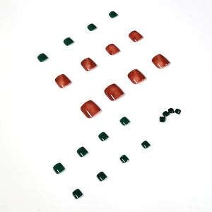Summer jelly amber red and dark green press-on toenails set with glossy finish