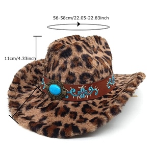 Leopard print plush cowboy hat with turquoise western band and dimension measurements