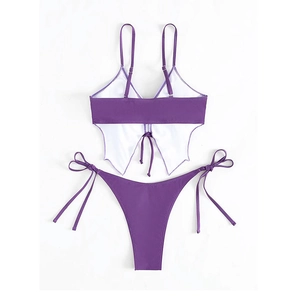 Detail of purple two-piece butterfly hem bikini with adjustable straps and side-tie briefs