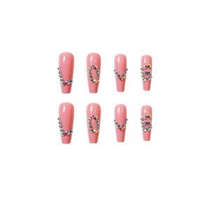 Pink coffin false nails with sparkling AB rhinestone LOVE letters design for women