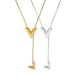 Elegant gold and silver stainless steel V-shaped pendant necklaces with snake chain style