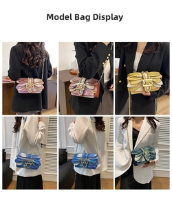 Detailed views of women's crossbody chain bags with colorful butterfly and pearl accents