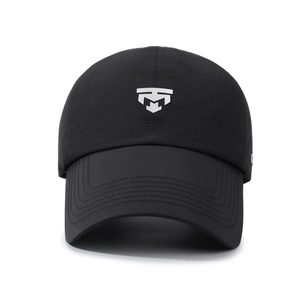 Black breathable baseball cap with extended brim and white embroidered letter logo