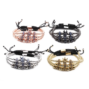 Zircon crown beaded bracelet set with adjustable woven ropes in four metallic finishes