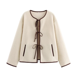 Giacca In Pile Da Donna Bordo A Contrasto Fiocco Stringata Girocollo Maniche Lunghe Dolce Casual Calda Comoda