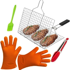 Outdoor stainless steel BBQ grill pan set with orange gloves, brush, and meat tongs