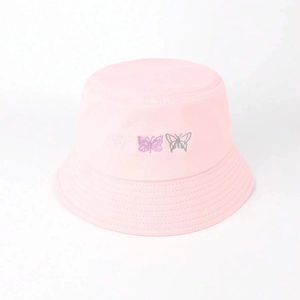 Pink bucket hat with butterfly embroidery, stylish summer outdoor sun protection hat