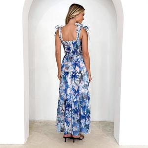 Floral print summer maxi dress with shirred bodice and adjustable spaghetti straps for women