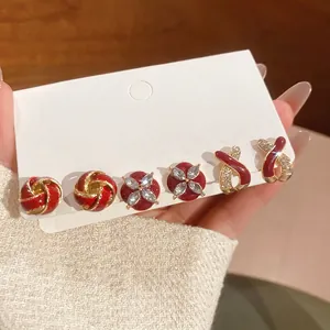 Vintage Red Enamel Stud Earrings With Silver Earring Post Alloy Rhinestone Flower Spiral Knot Elegant Jewelry For Women