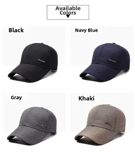 Detail showing minimalist baseball caps in black, navy, grey, and khaki with metal logo