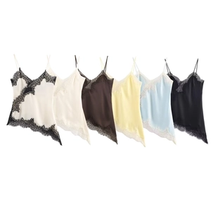 Women Satin Camisole Lace Trim V Neck Asymmetrical Hem Sexy Spaghetti Strap Lingerie Style Top Fashion Streetwear