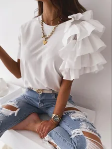 Close-up of elegant ruffled sleeve detail on a white cotton crewneck t-shirt