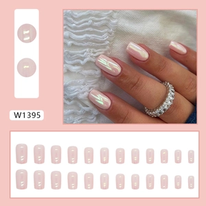 Pink pearl chrome short square press-on nails with 24 pieces in shimmering aurora finish