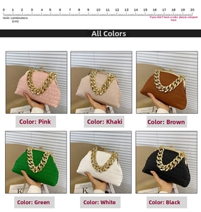 Detail showing pleated shell crossbody bags in pink, khaki, brown, green, white, and black colors