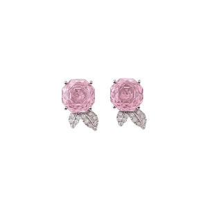 Pink zircon ice flower rose stud earrings with silver leaves and sparkling crystal accents